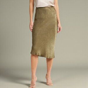 Bobeau XS Olive Green Satin Bias Slip Skirt Midi Stretch Minimalist Quiet Luxury